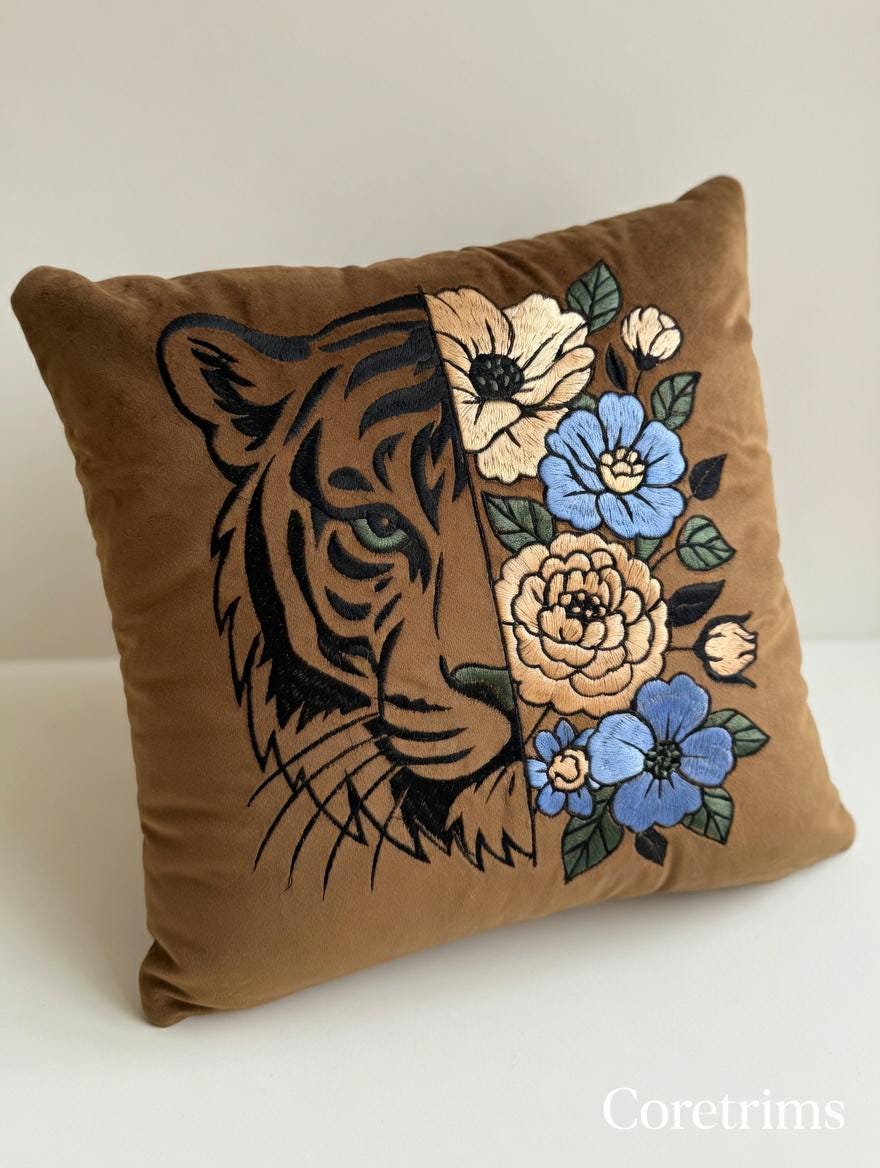 Artistic Embroidered Pillow - Hand Embroidered Brown Velvet Cushion, Unique Home Accent