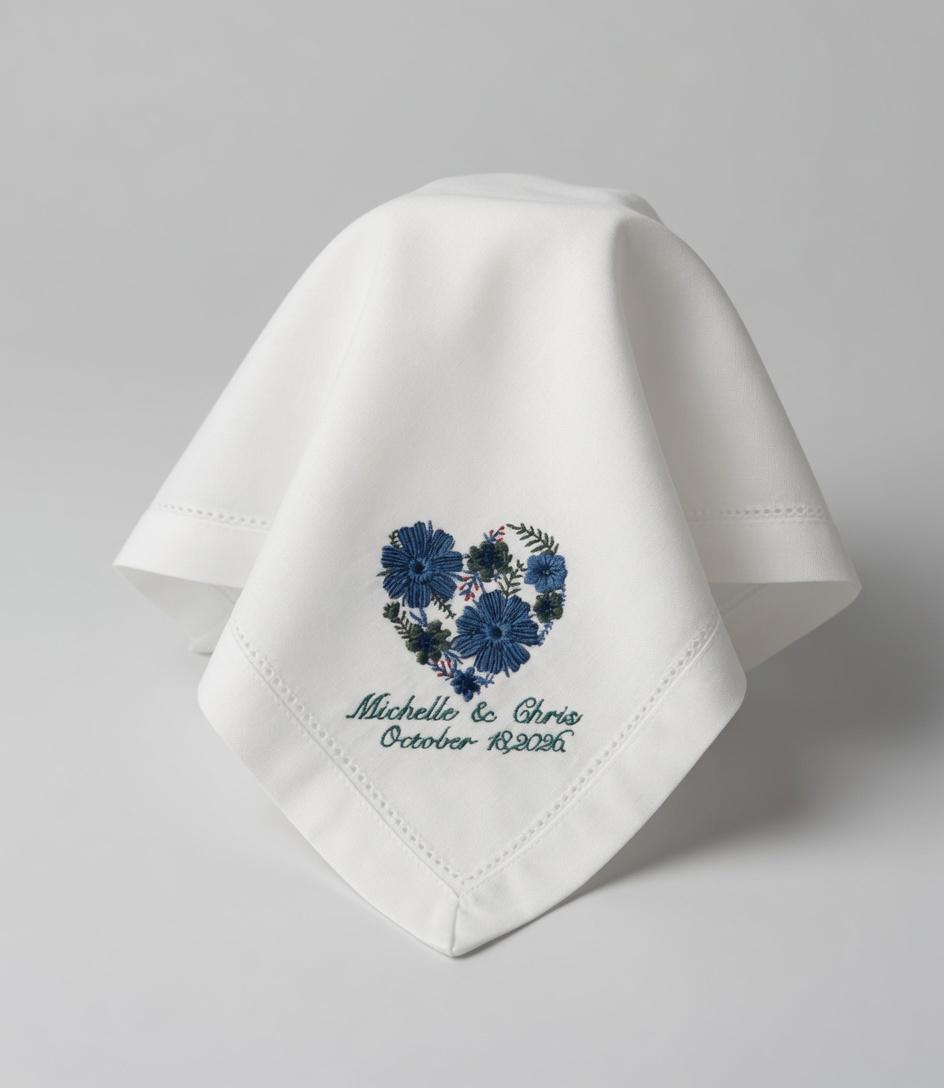 Embroidered Blue Floral Heart Linen Napkin | Custom Wedding Names & Date Set of 2 pcs