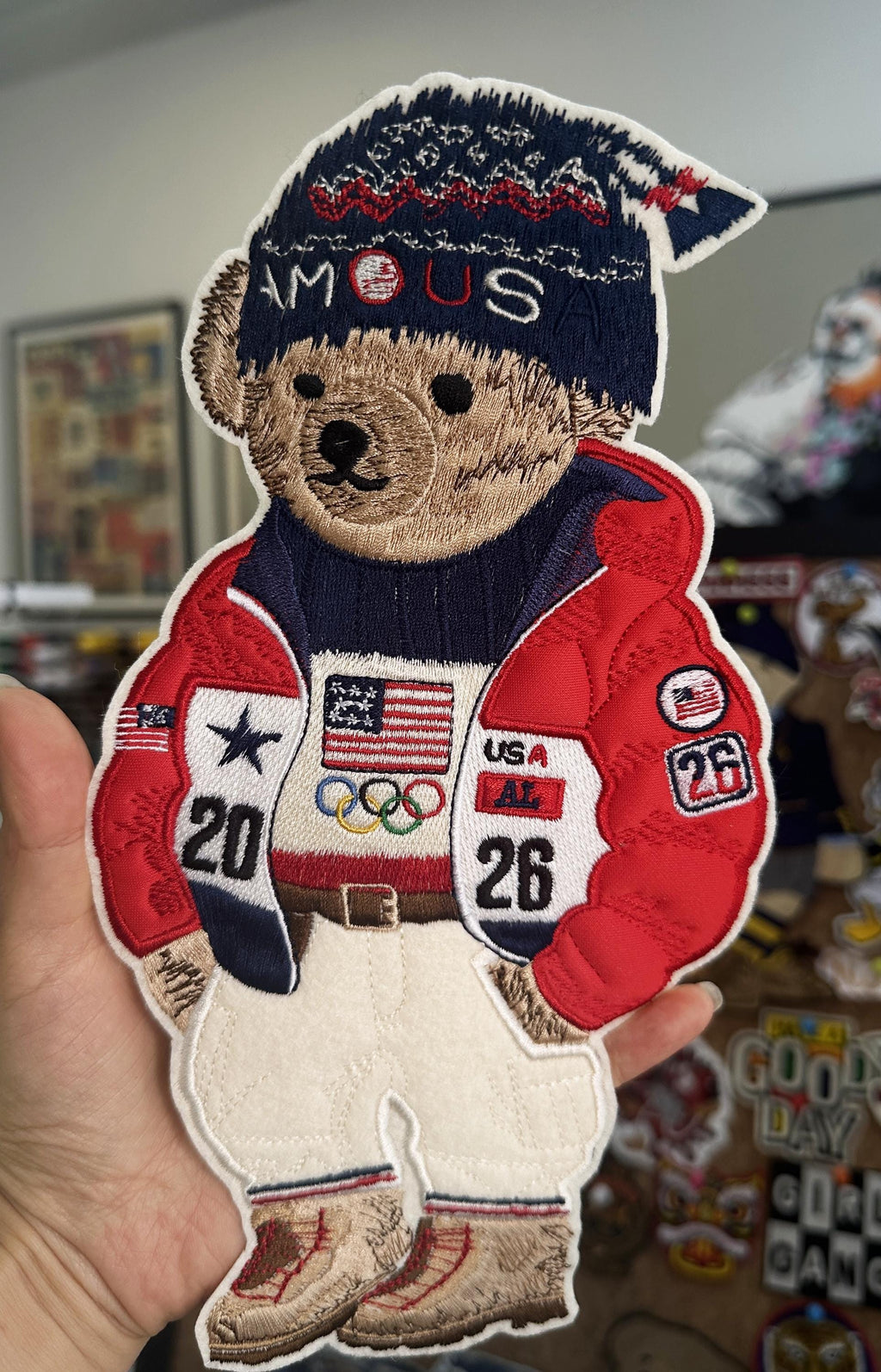 Ralph Lauren Style 2026 Olympics Teddy Bear Patch - USA Polo Bear in Puffer Jacket & Beanie "2026", Handmade Sew/Iron On Streetwear Badge