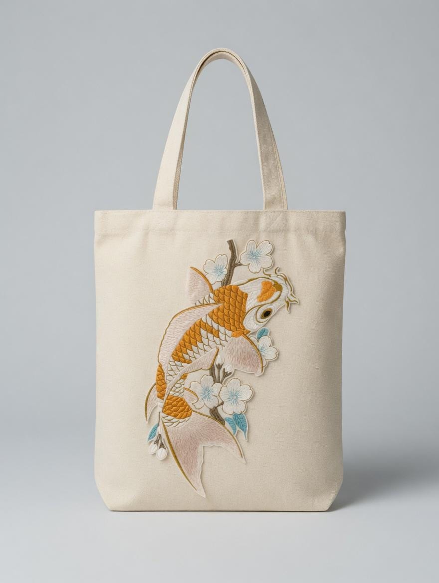 Embroidered Koi Fish Cherry Blossom Tote Bag: Japanese Style Canvas Shoulder Bag