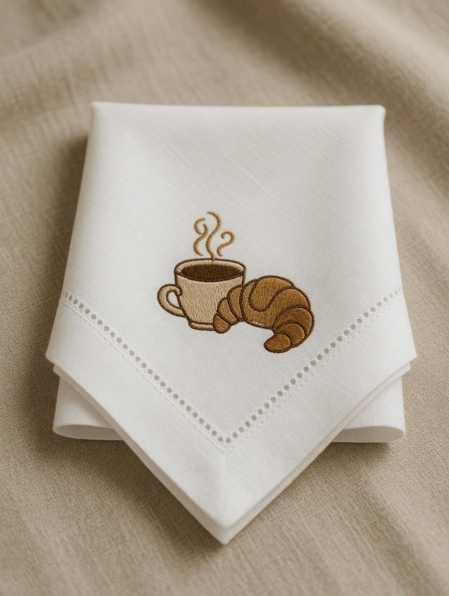 Embroidered Coffee Croissant Linen Napkin | White Hemstitch Table Decor