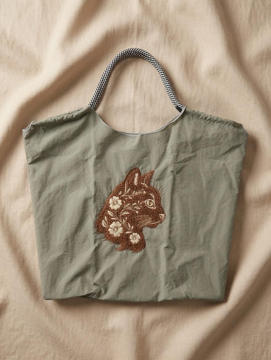 Custom Embroidered Cat Floral Tote Bag Retro Brown Cat Head Sage Green Canvas Shopping Bag Gift Idea