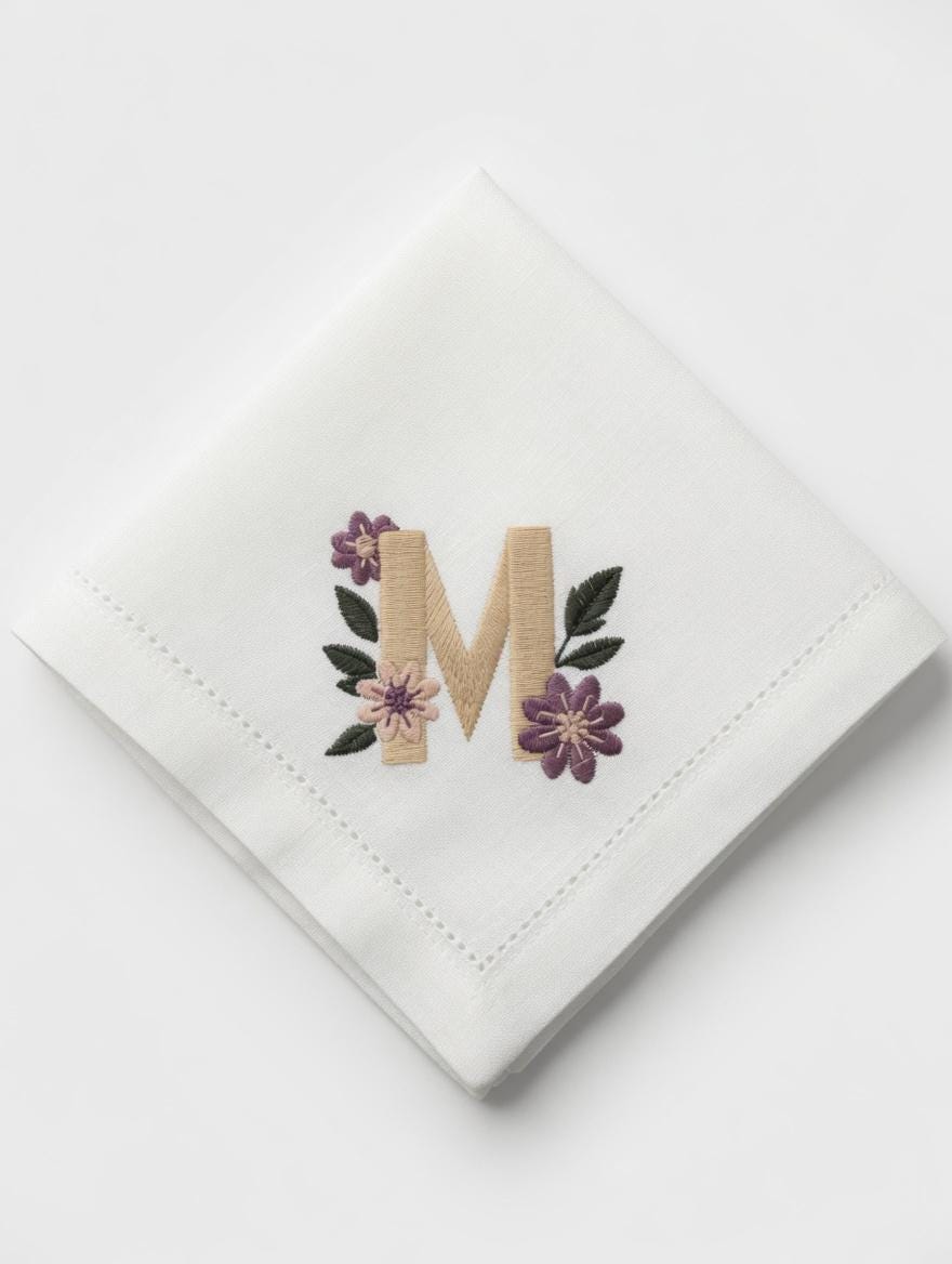 Embroidered Linen Napkin | Monogram Letter M with Purple Flowers, Wedding Table Decor