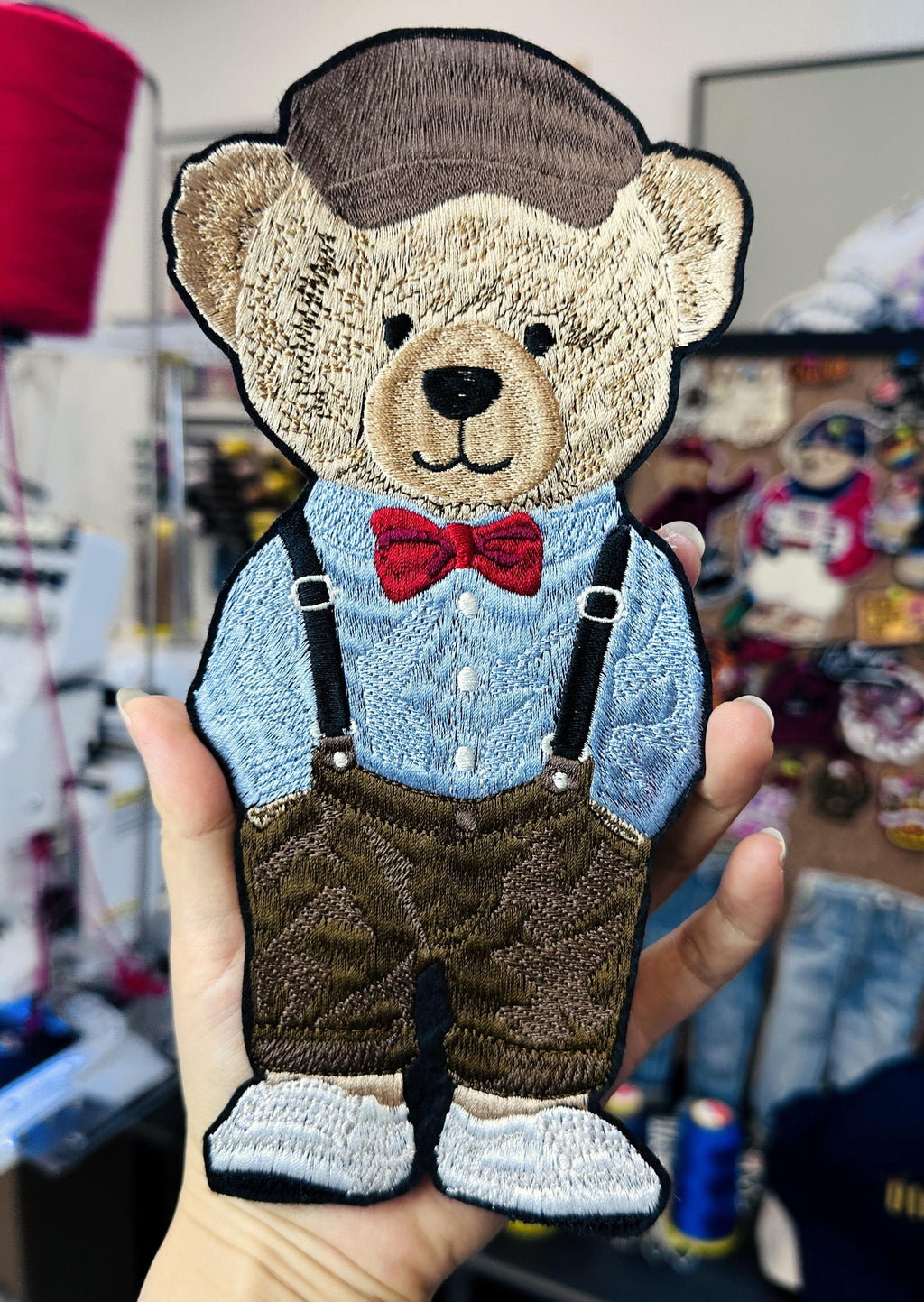 Hand Embroidered Gentleman Bear Patch – RL Polo Style, Bow Tie, Suspenders (Sew-On/Iron-On)