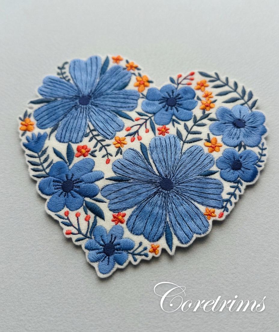 Embroidered Floral Heart Patch – Blue Daisy Boho Style Sew/Iron On Badge