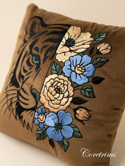 Artistic Embroidered Pillow - Hand Embroidered Brown Velvet Cushion, Unique Home Accent