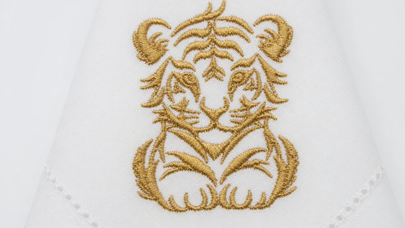 Custom Embroidered Tiger Linen Napkin | Gold Thread Animal Portrait Dinner Napkin Set of 2
