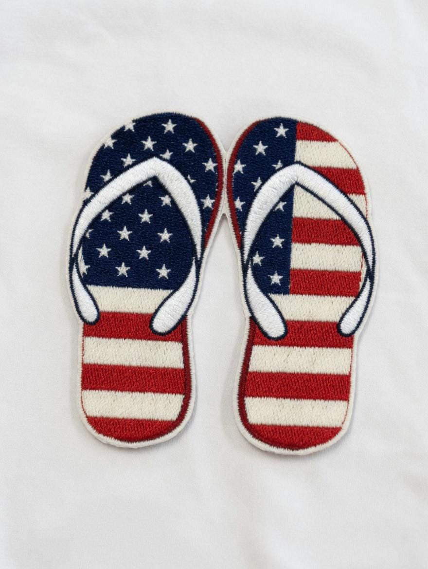 July 4 Independence Day Gift Embroidered American Flag Flip-Flops T-Shirt | Patriotic Summer Cotton Tee