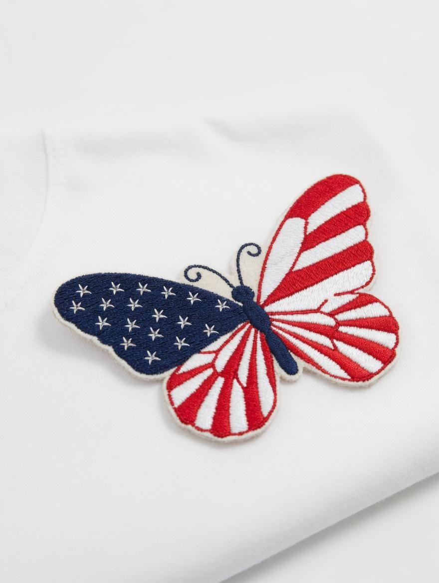 July 4 Independence Day Gift  Custom Embroidered American Flag Butterfly Cotton T-Shirt
