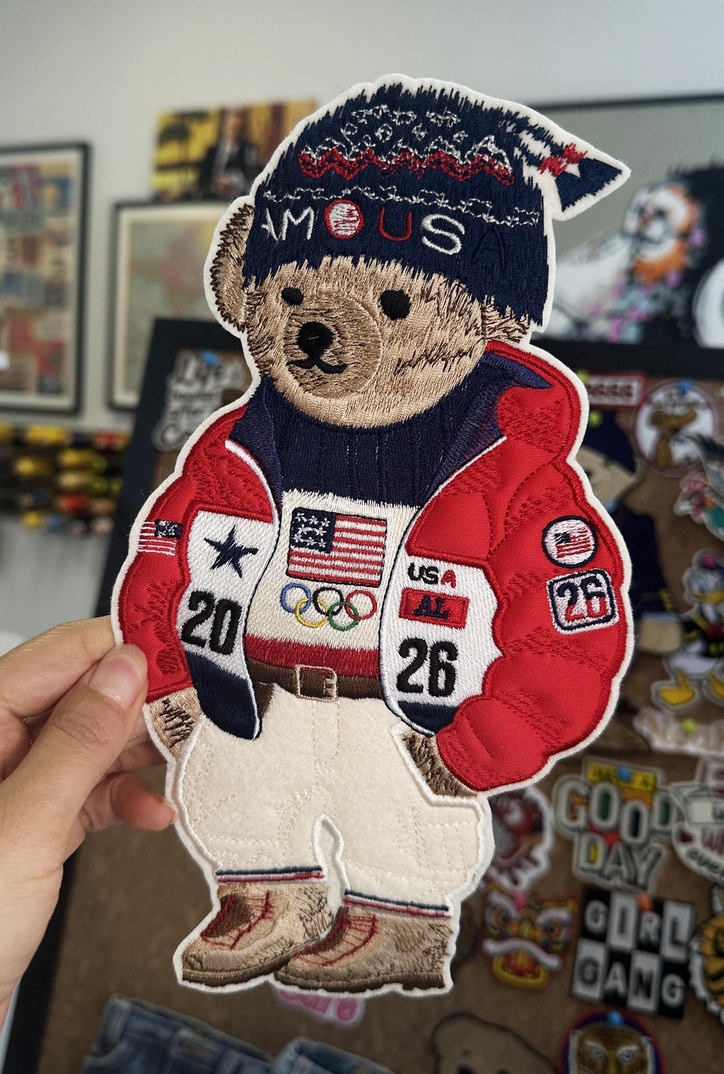 Ralph Lauren Style 2026 Olympics Teddy Bear Patch - USA Polo Bear in Puffer Jacket & Beanie "2026", Handmade Sew/Iron On Streetwear Badge