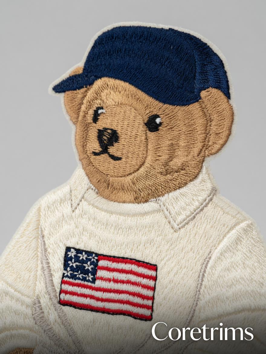 Monogram Preppy Teddy Bear Patch – American Flag Polo, Ripped Denim Shorts & Cap Embroidered Iron-On Appliqué
