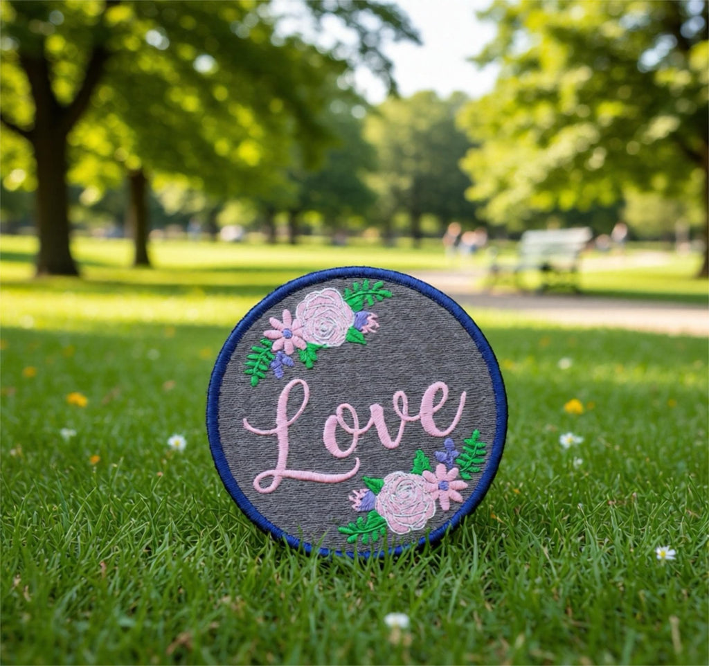 Floral Embroidery Patch | 'Love' Iron-On Applique on hoodies, cap, backpack