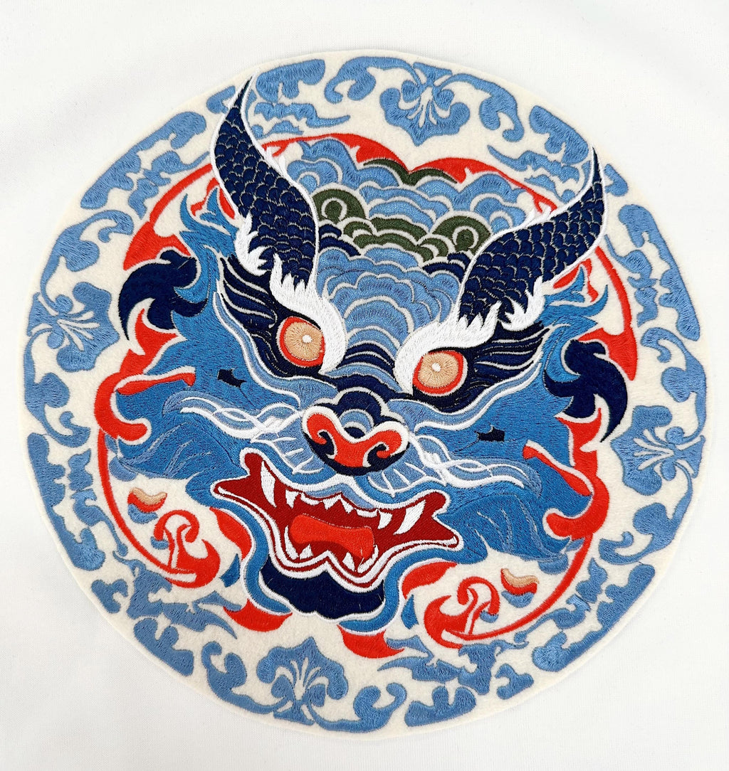 Embroidered jumperEmbroidered Chinese Dragon Patch – Fierce Blue Porcelain Waves, Sew/Iron On Badge