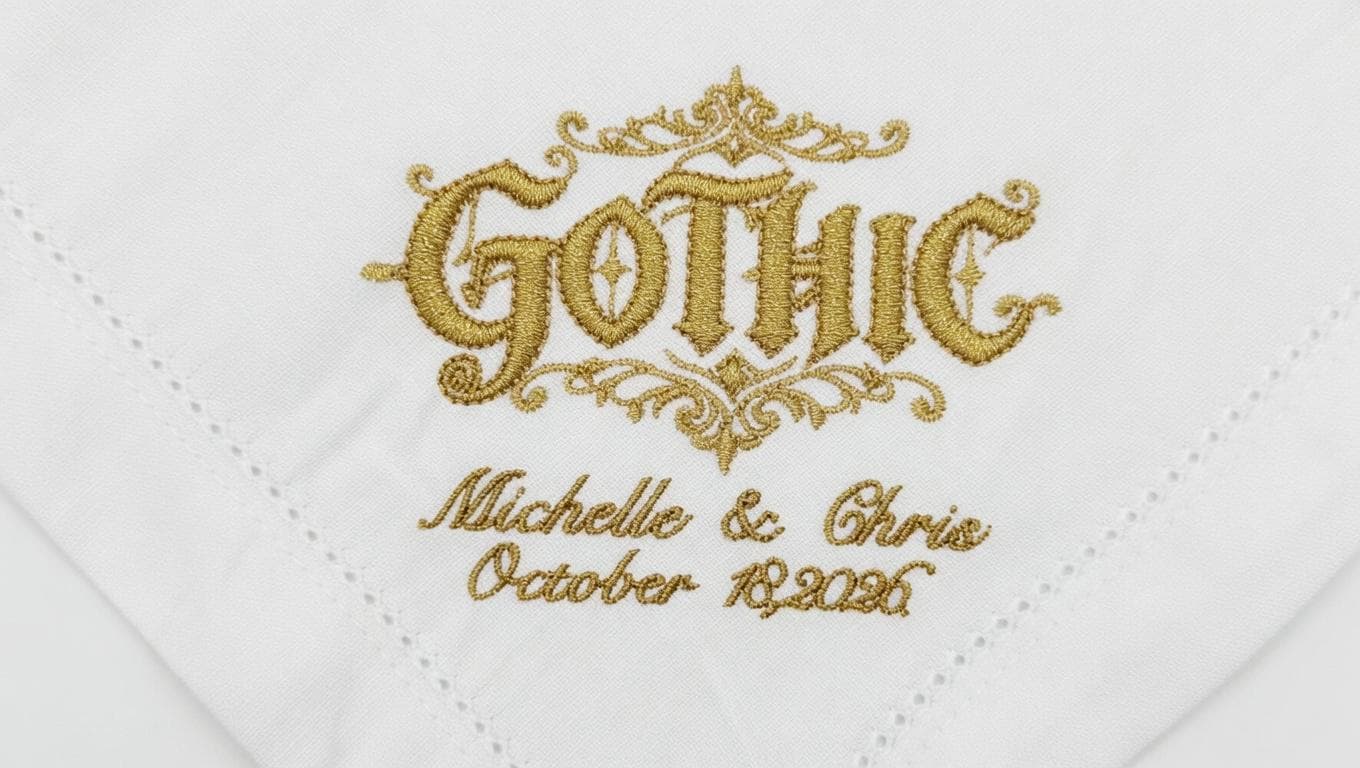 Custom Embroidered Linen Wedding Napkin | Gothic Monogram, Couple Names & Date
