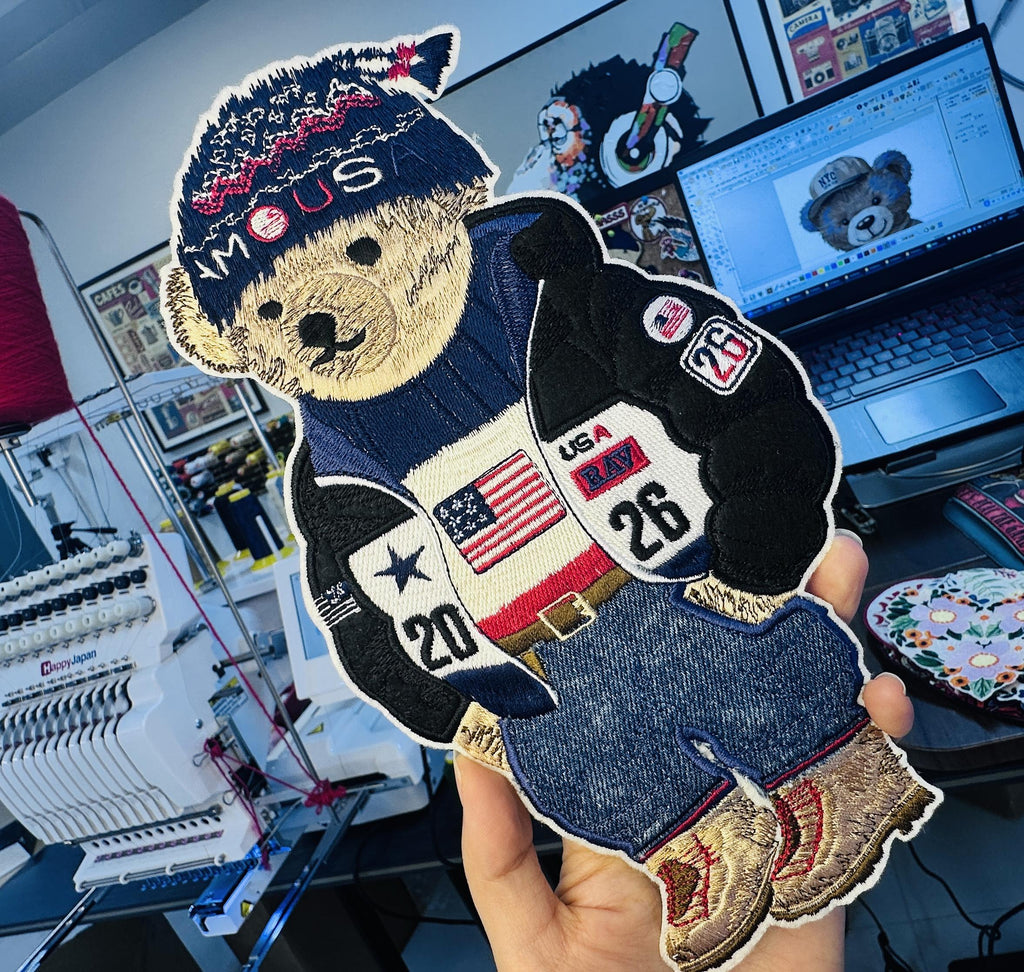 Embroidered Ralph Lauren Bear Patch – Washed Denim Streetwear Badge (Sew/Iron On)