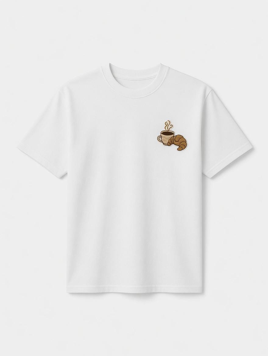 Embroidered Coffee Croissant T-Shirt | Breakfast Foodie Morning Tee