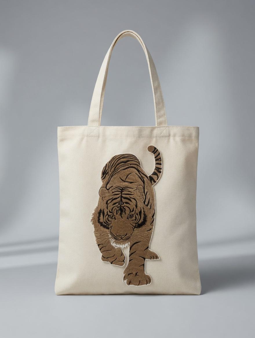 Embroidered Full Body Tiger Tote Bag, Wildlife Canvas Shoulder Bag