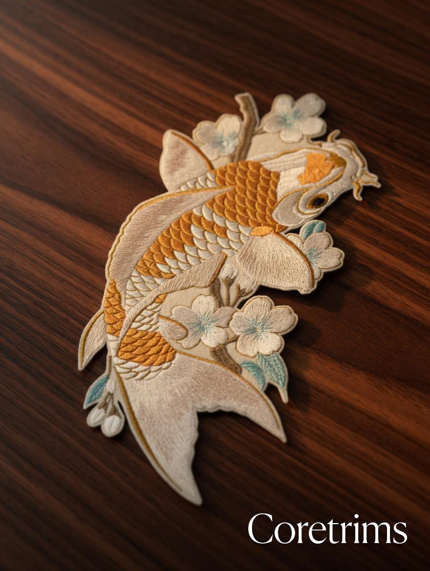Large Koi Fish Embroidered Patch, Japanese Sakura Iron-On Applique, Red & Gold Koi Carp Sew-On Patch , DIY Embroidery