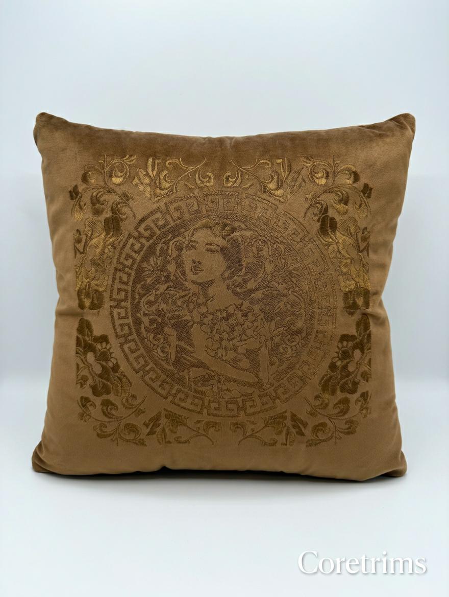 Artistic Embroidered Pillow - Hand Embroidered Brown Velvet Cushion, Unique Home Accent