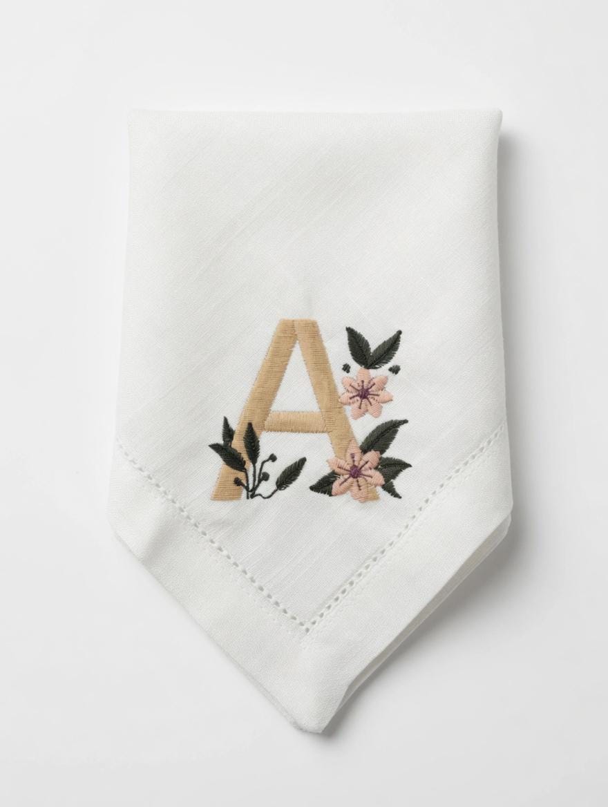 Embroidered Linen Napkin | Floral Monogram Letter A, Pink Flowers, Wedding Decor