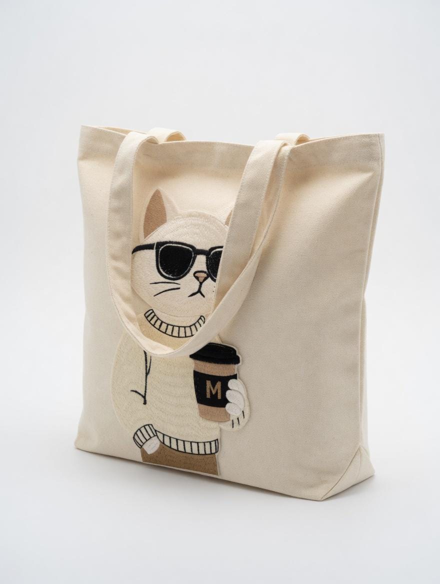 Embroidered Cat Coffee Tote Bag | Lover Canvas Shoulder Bag