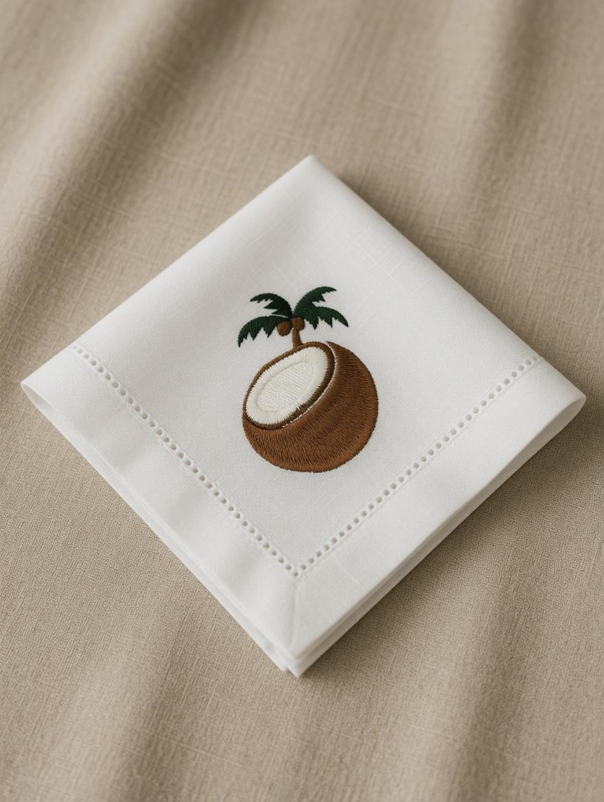 Embroidered Coconut Linen Napkin | Beach Theme Hemstitch Table Decor