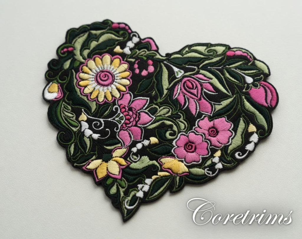 Floral Heart Patch – Intricate Hand Embroidery Sew On Badge