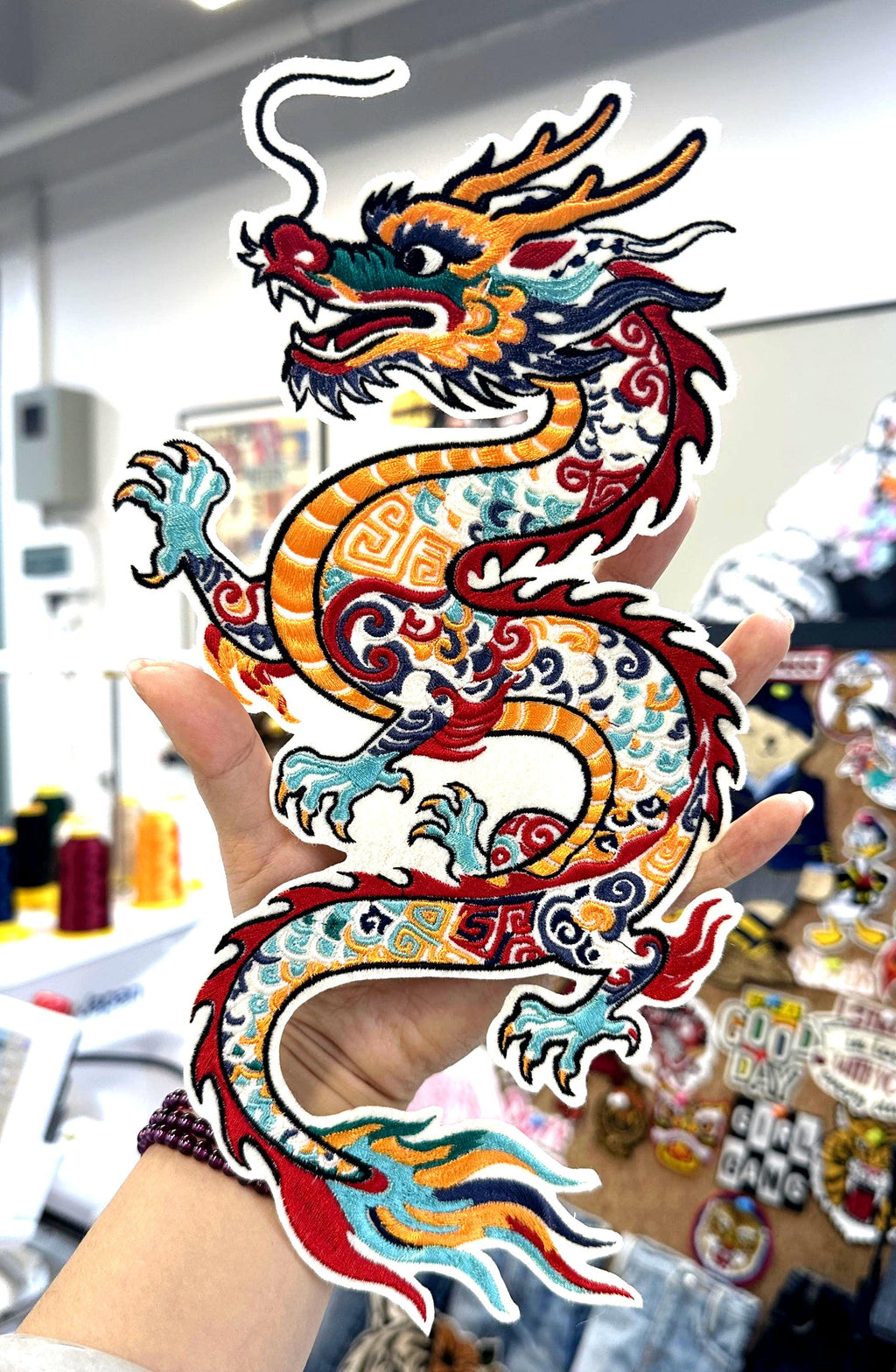 Embroidered Chinese Dragon Patch – Bright Scales, Flames, Sew On Applique
