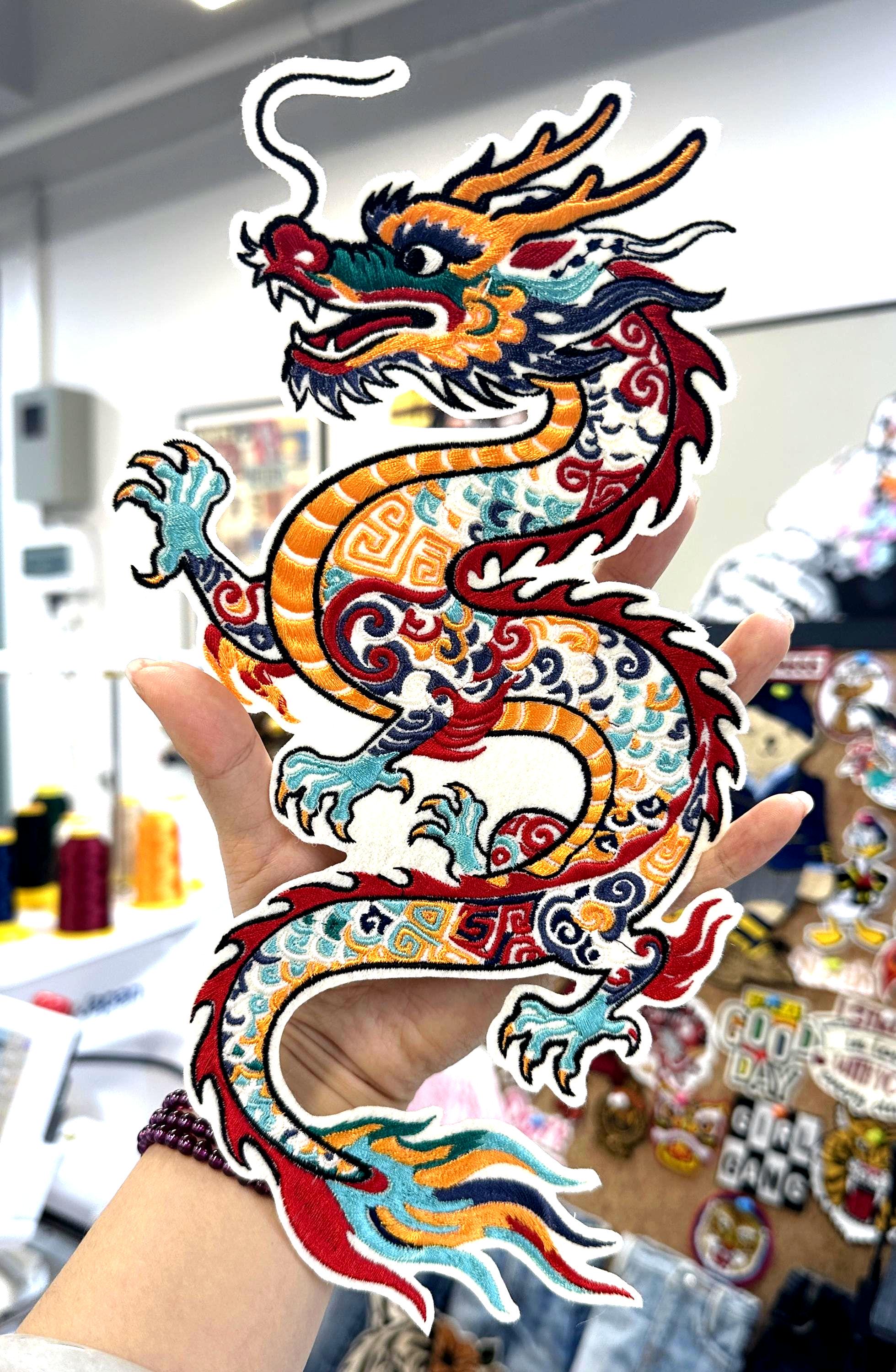 Embroidered Chinese Dragon Patch – Bright Scales, Flames, Sew On Applique
