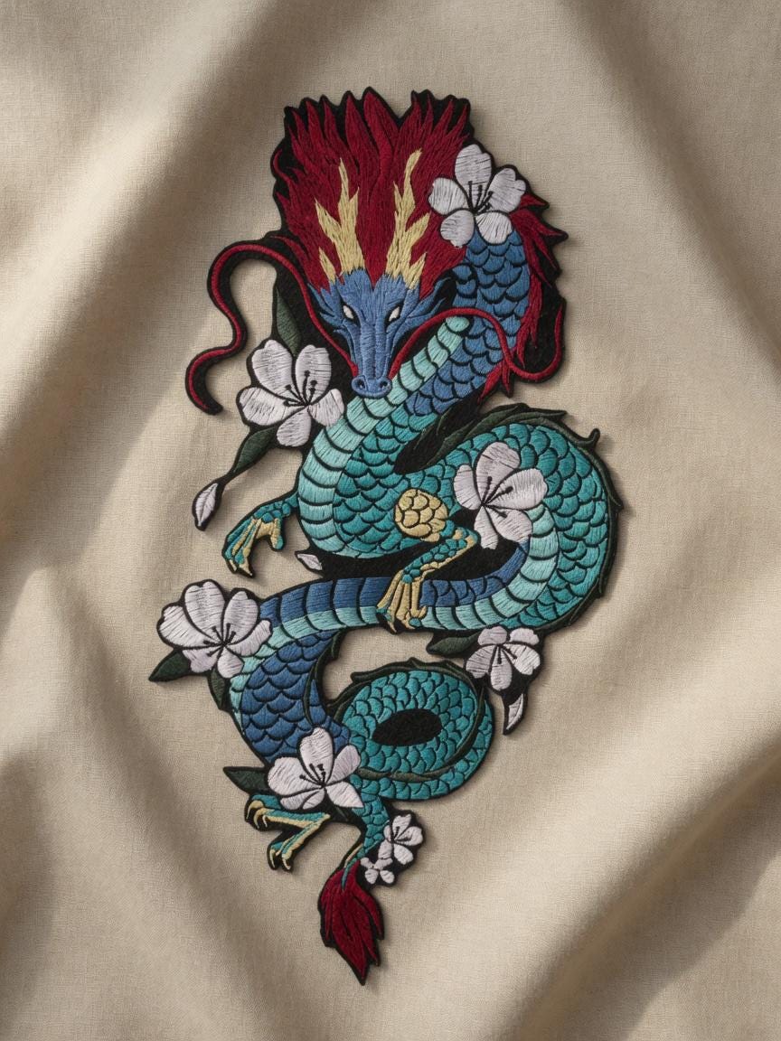 Custom Large Chinese Dragon Embroidery Patch Blue Dragon with Red Mane Floral Applique Traditional Cultural Gift Made to Order