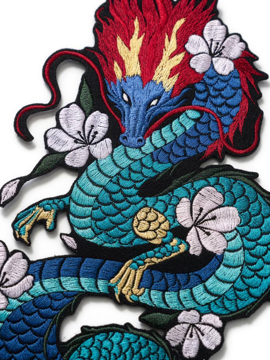 Custom Large Chinese Dragon Embroidery Patch Blue Dragon with Red Mane Floral Applique Traditional Cultural Gift Made to Order