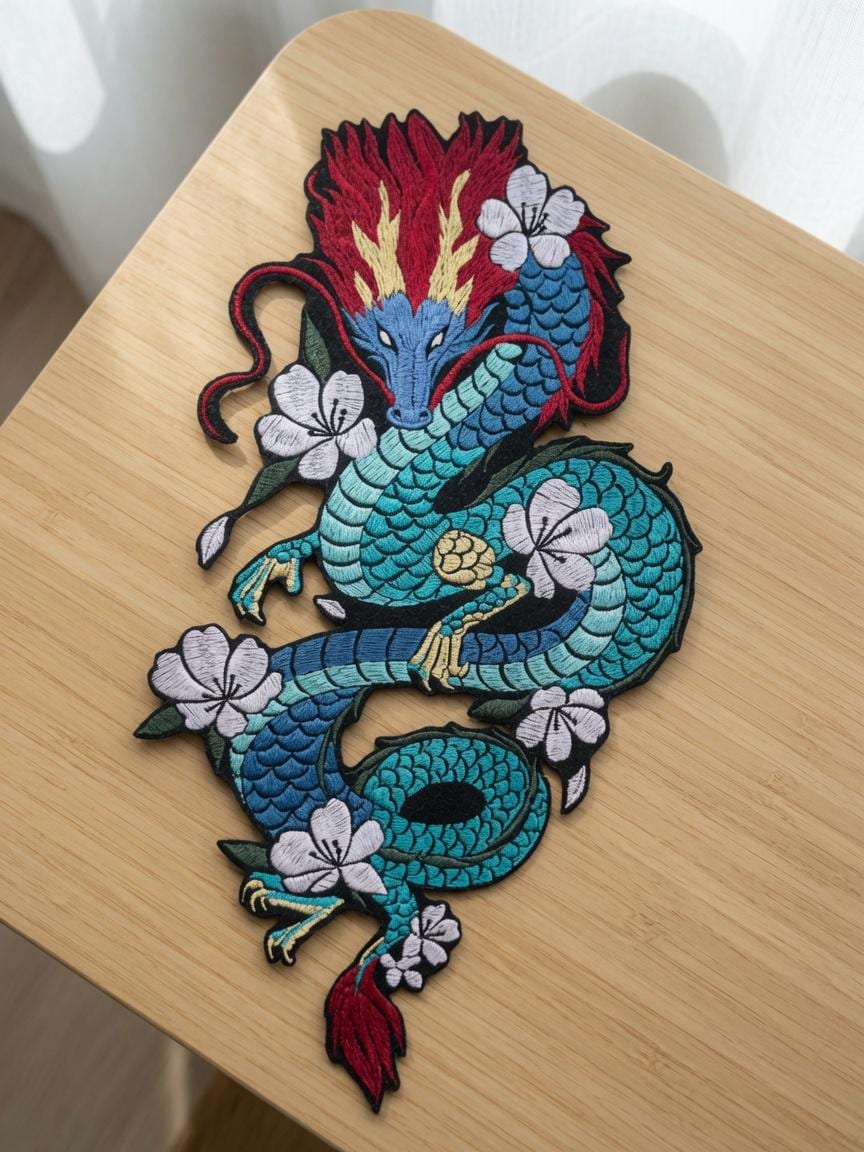 Custom Large Chinese Dragon Embroidery Patch Blue Dragon with Red Mane Floral Applique Traditional Cultural Gift Made to Order