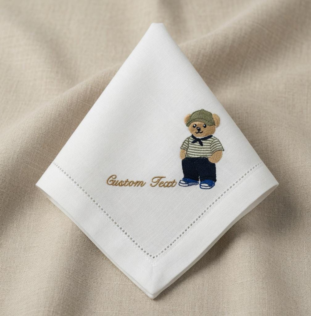Set of 2 White Linen Napkins | Custom Embroidered Teddy Bear, Names & Date