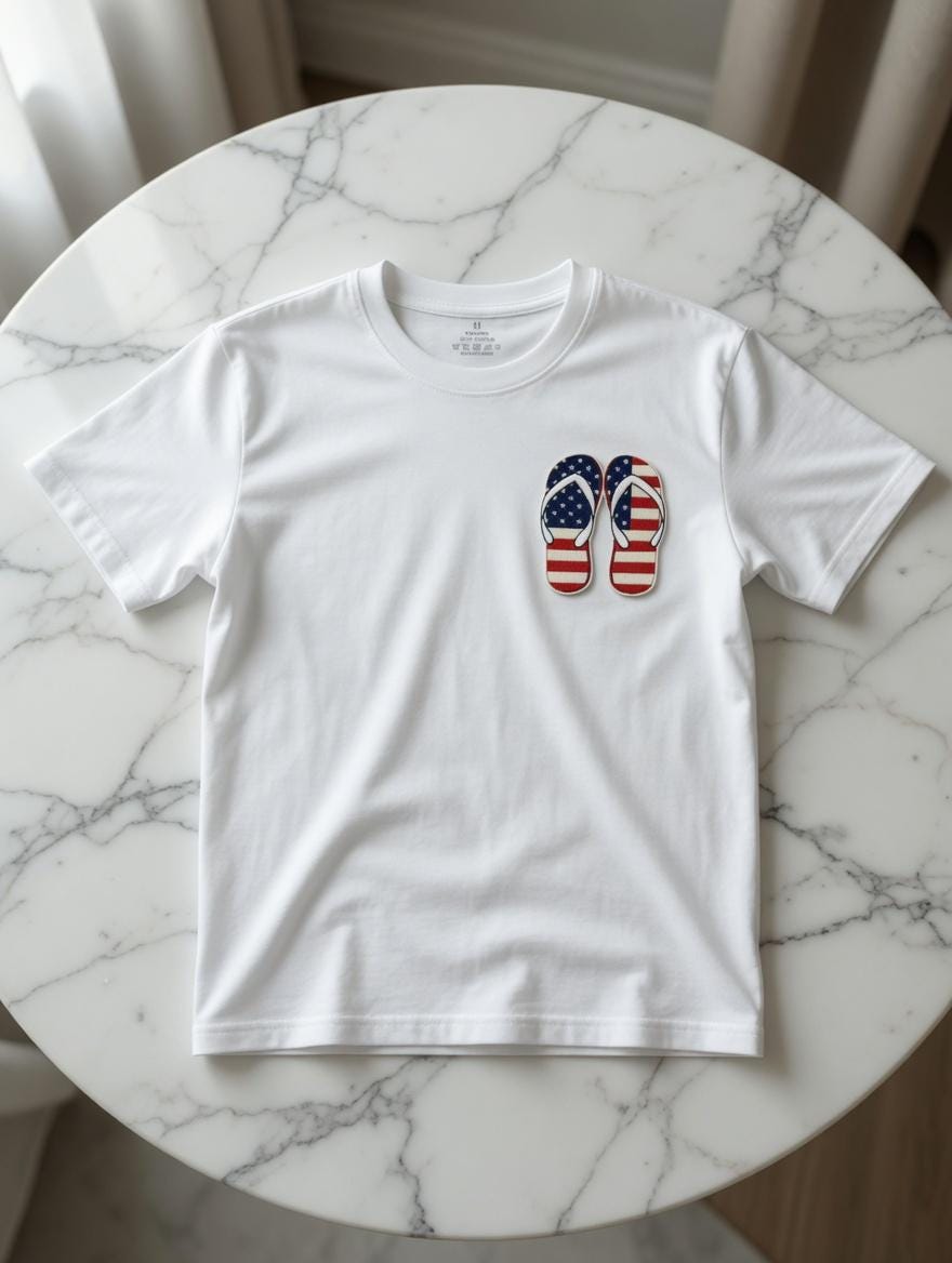 July 4 Independence Day Gift Embroidered American Flag Flip-Flops T-Shirt | Patriotic Summer Cotton Tee