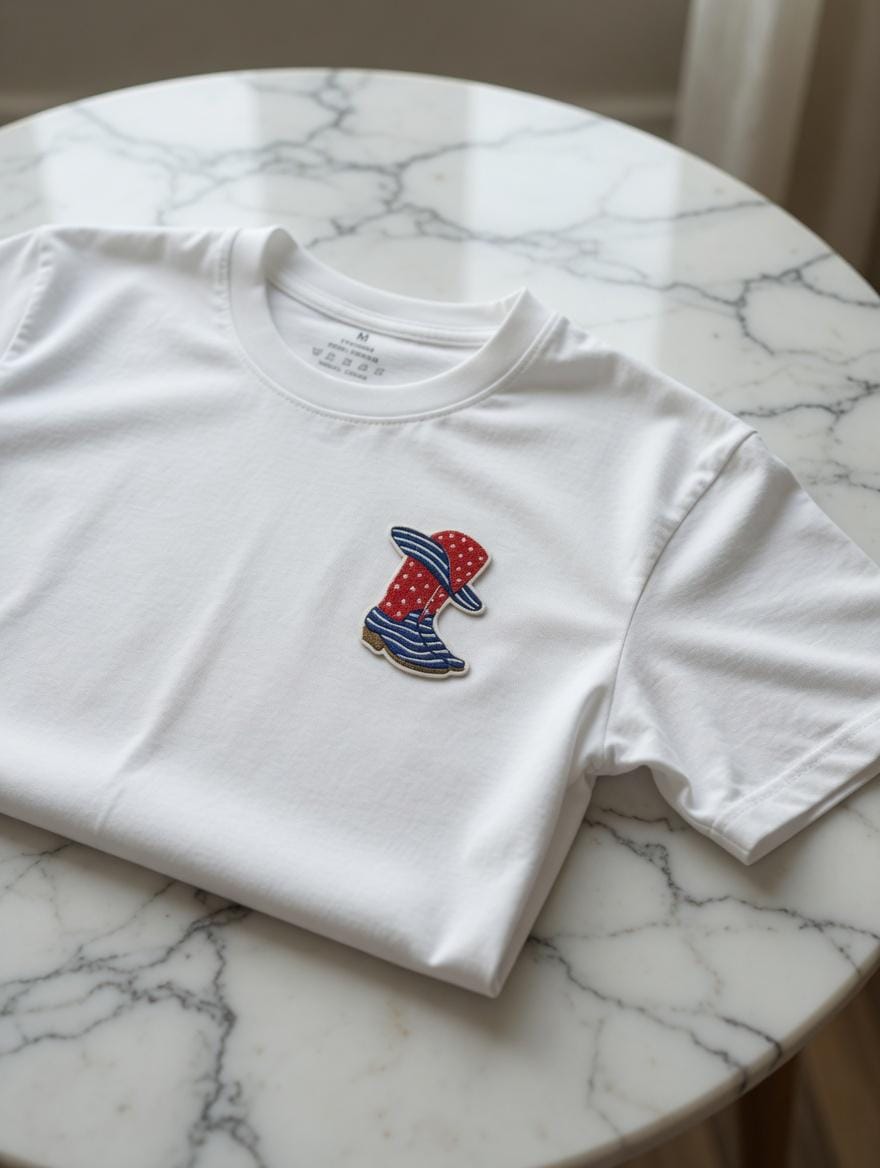 July 4 Independence Day Gift Embroidered American Flag Cowboy Boot T-Shirt | Patriotic Western Tee