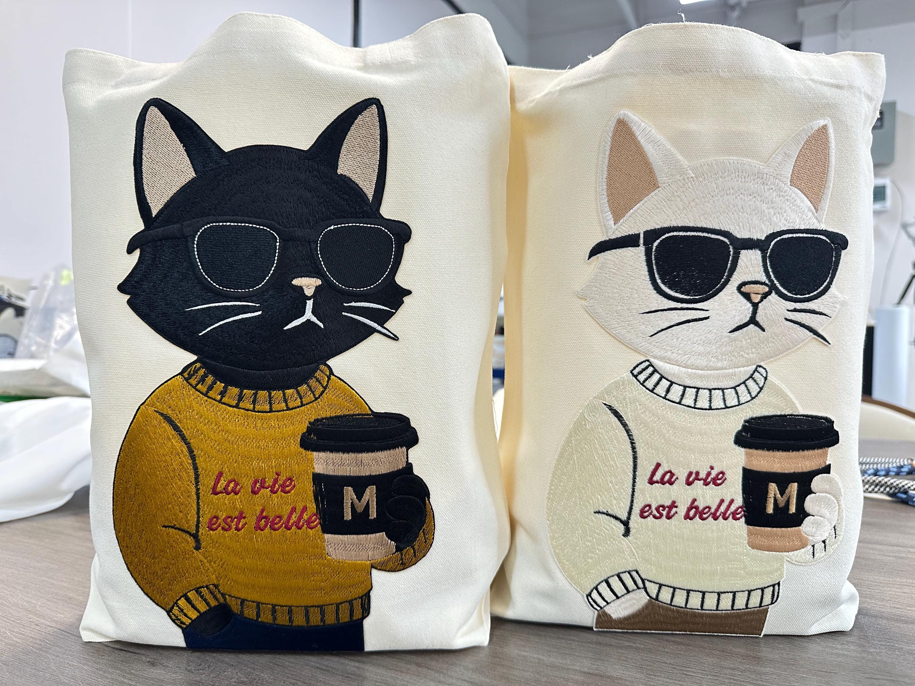 Embroidered Cat Coffee Tote Bag | Lover Canvas Shoulder Bag