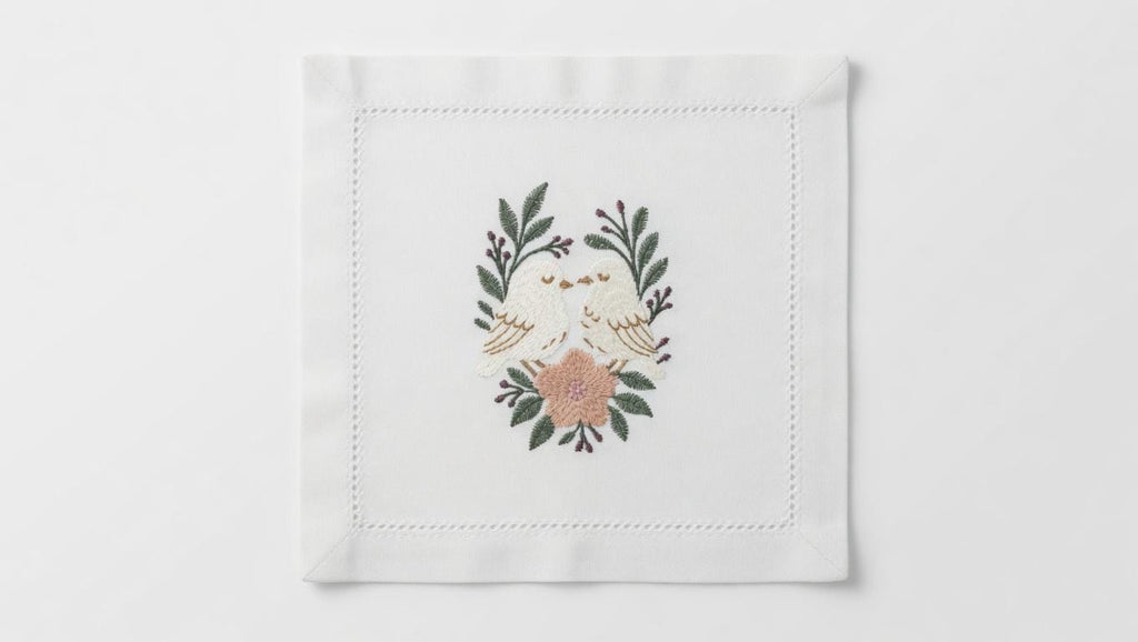 Embroidered Lovebirds Linen Napkin | Wedding Anniversary Couple Gift Set of 2 pcs