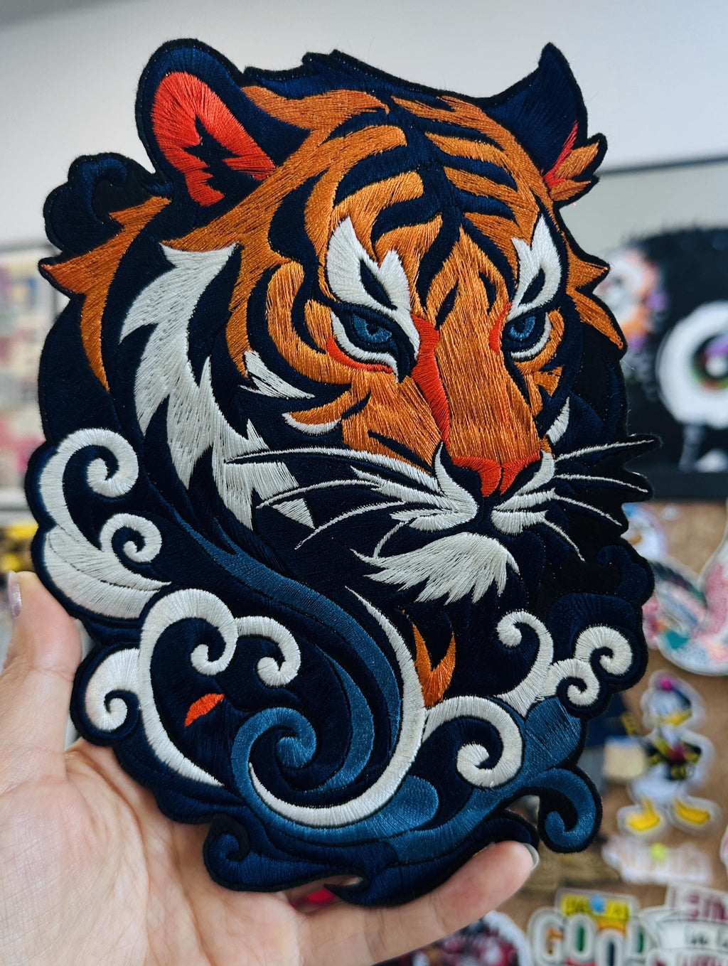 Embroidered Tiger Head Patch – Swirling Clouds Waves, Sew/Iron On Badge