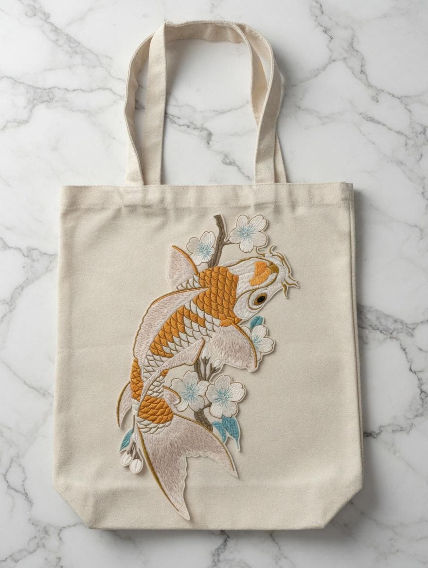 Embroidered Koi Fish Cherry Blossom Tote Bag: Japanese Style Canvas Shoulder Bag