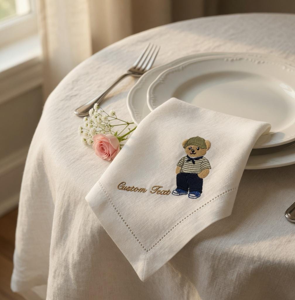Set of 2 White Linen Napkins | Custom Embroidered Teddy Bear, Names & Date