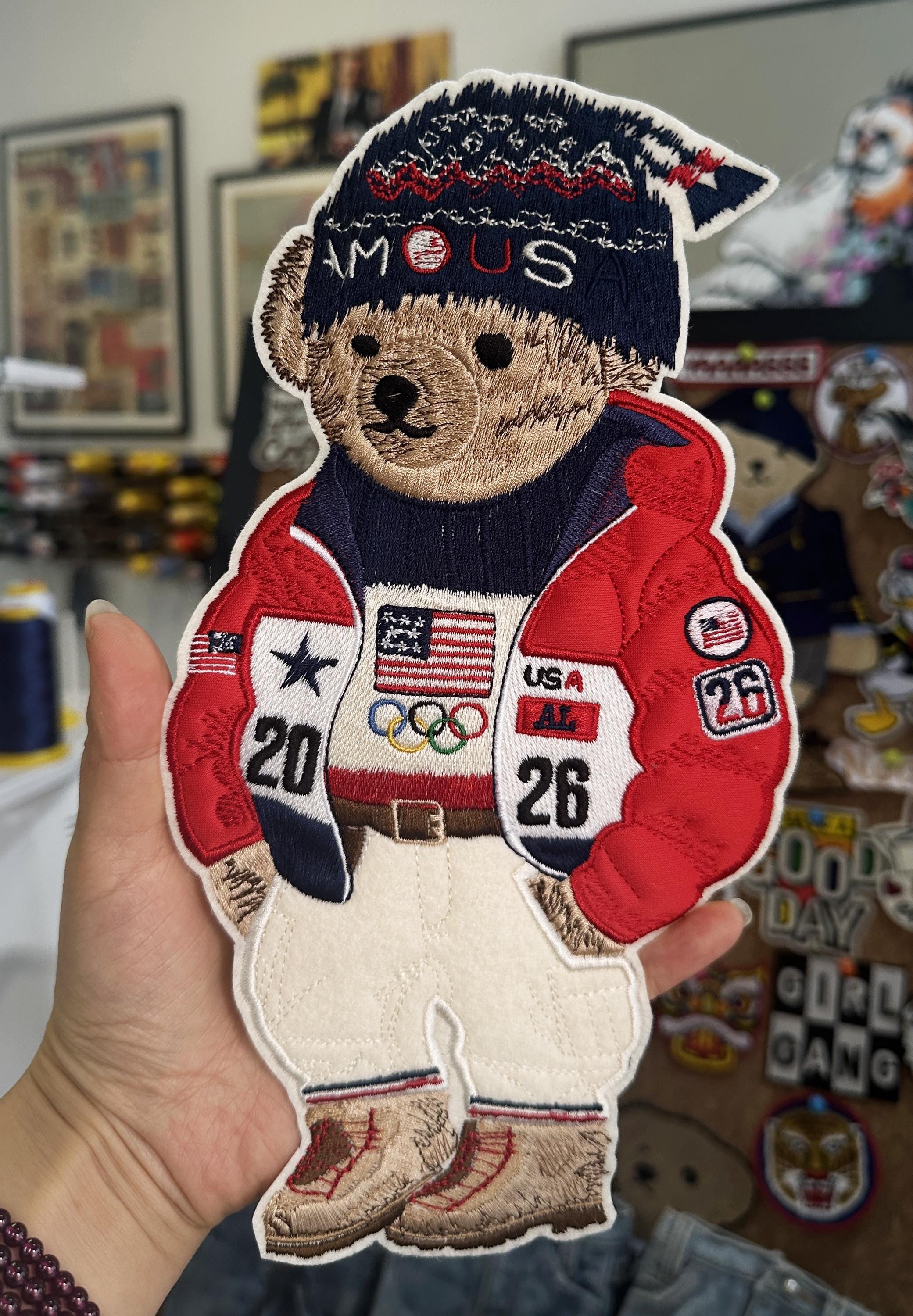 Ralph Lauren Style 2026 Olympics Teddy Bear Patch - USA Polo Bear in Puffer Jacket & Beanie "2026", Handmade Sew/Iron On Streetwear Badge