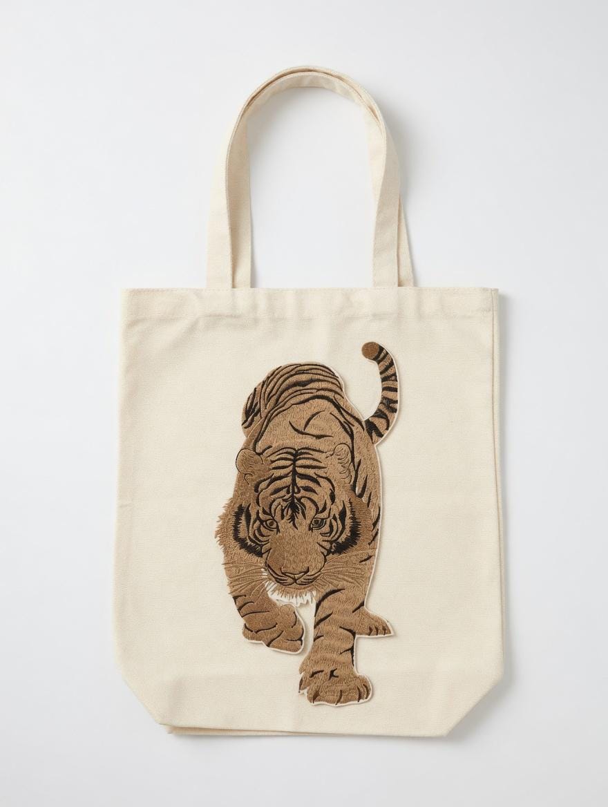 Embroidered Full Body Tiger Tote Bag, Wildlife Canvas Shoulder Bag