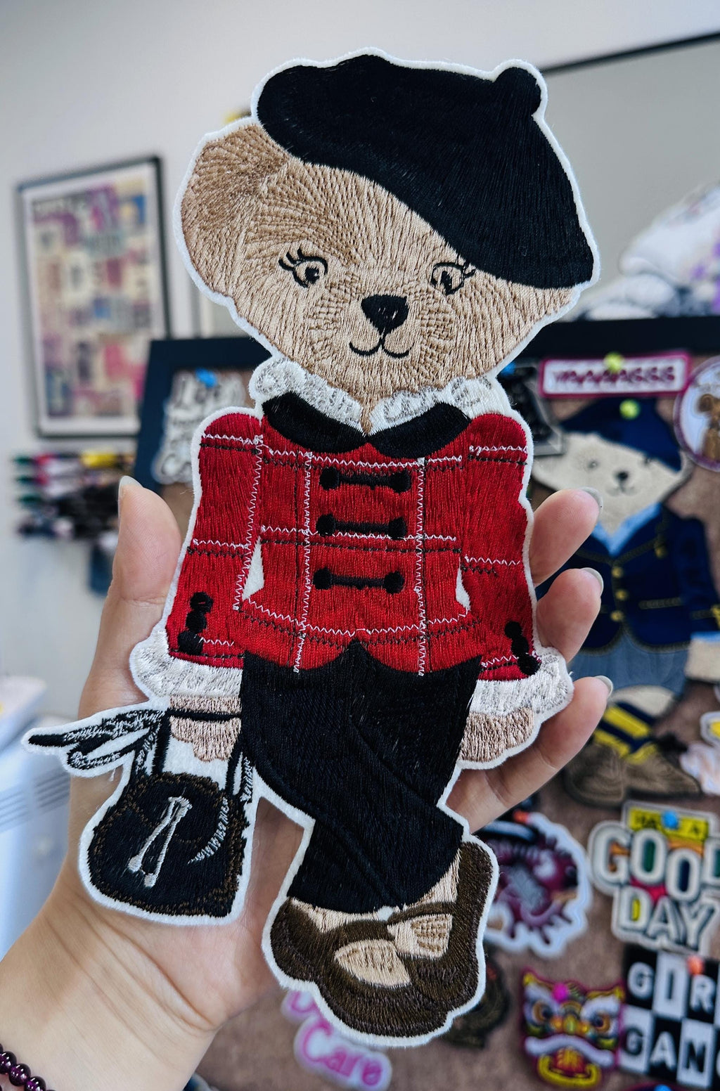 Hand Embroidered Teddy Bear Patch – Red Plaid Coat, Beret (Sew On/Iron On)