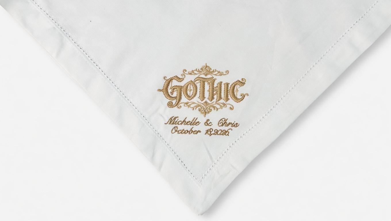 Custom Embroidered Linen Wedding Napkin | Gothic Monogram, Couple Names & Date