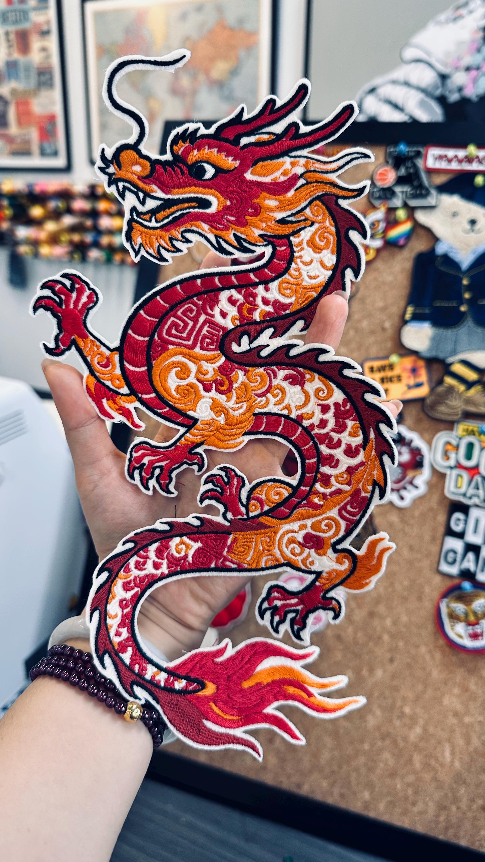 Embroidered Chinese Dragon Patch – Bright Scales, Flames, Sew On Applique