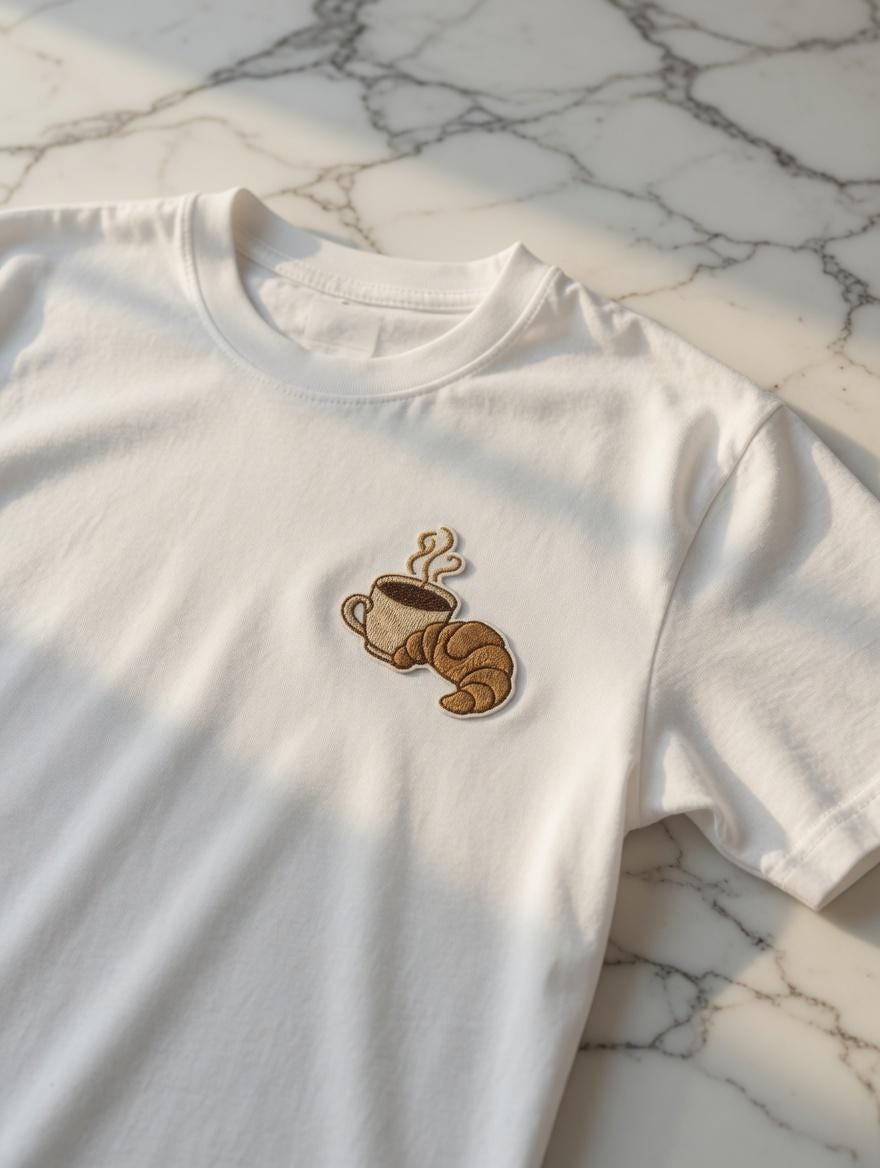 Embroidered Coffee Croissant T-Shirt | Breakfast Foodie Morning Tee