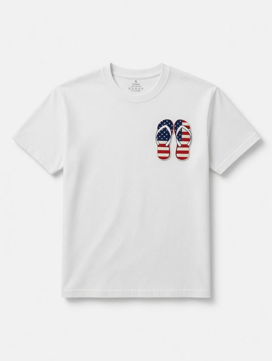 July 4 Independence Day Gift Embroidered American Flag Flip-Flops T-Shirt | Patriotic Summer Cotton Tee
