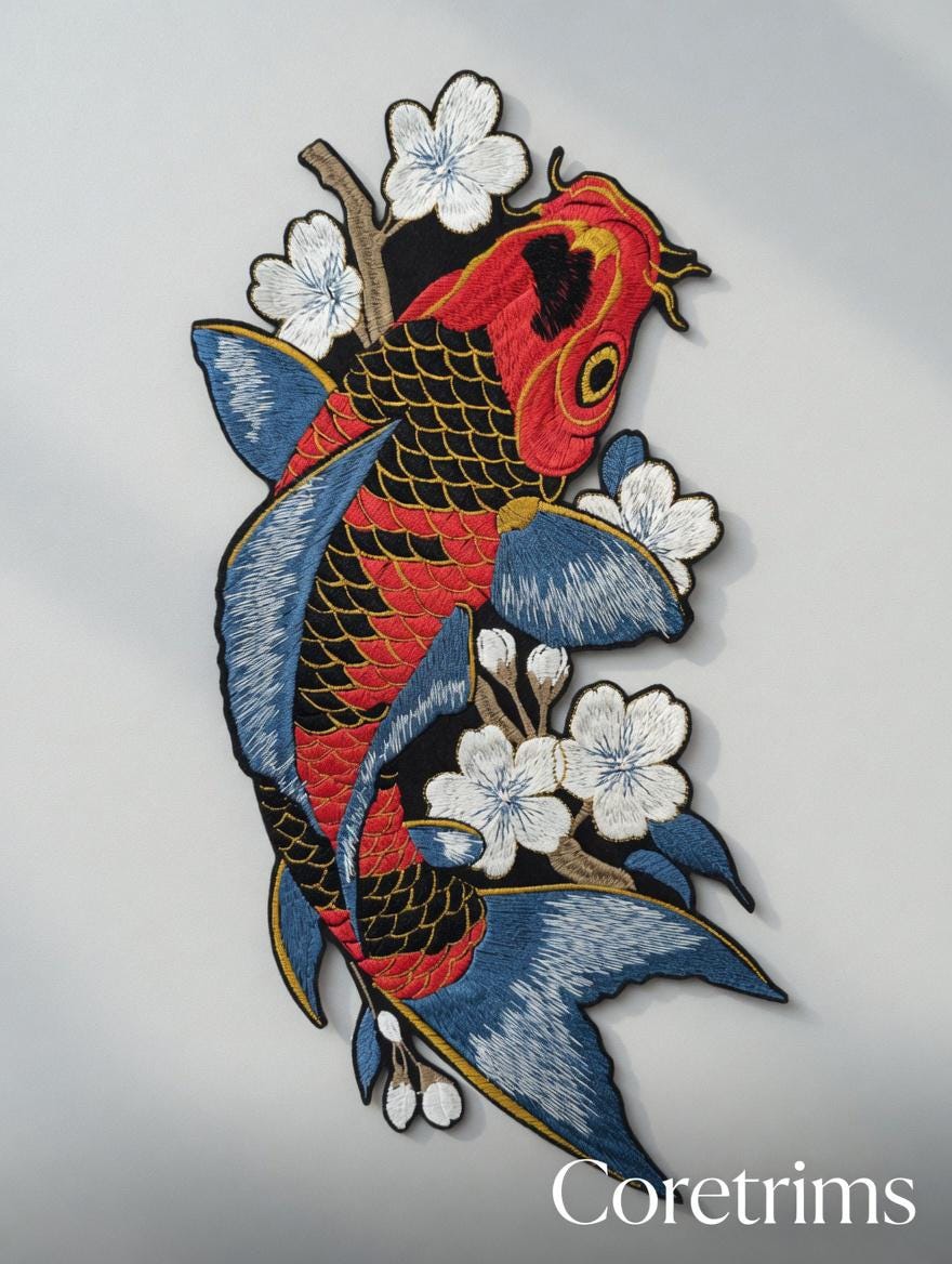 Large Koi Fish Embroidered Patch, Japanese Sakura Iron-On Applique, Red & Gold Koi Carp Sew-On Patch , DIY Embroidery