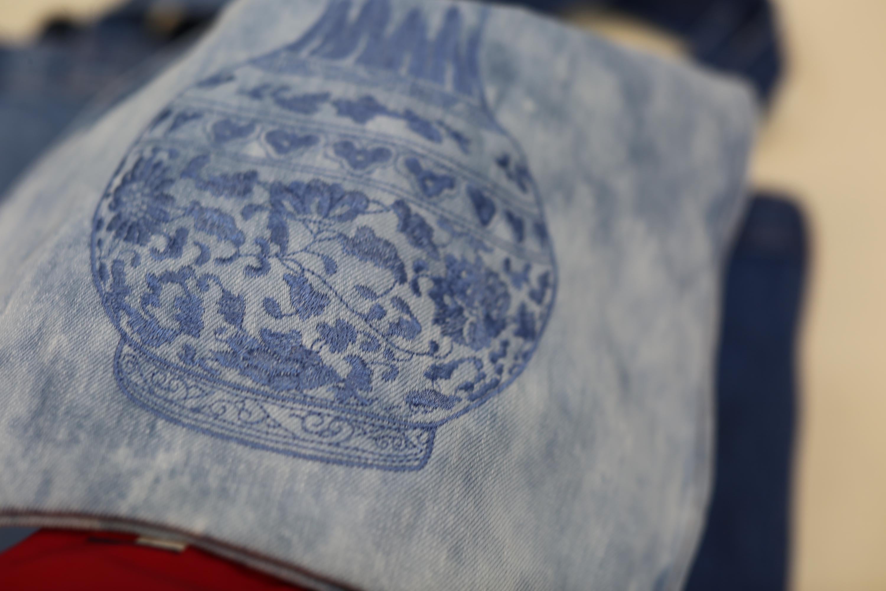 Washed Denim Tote Bag with Chinese Porcelain Embroidery – 100% Cotton Canvas Bag