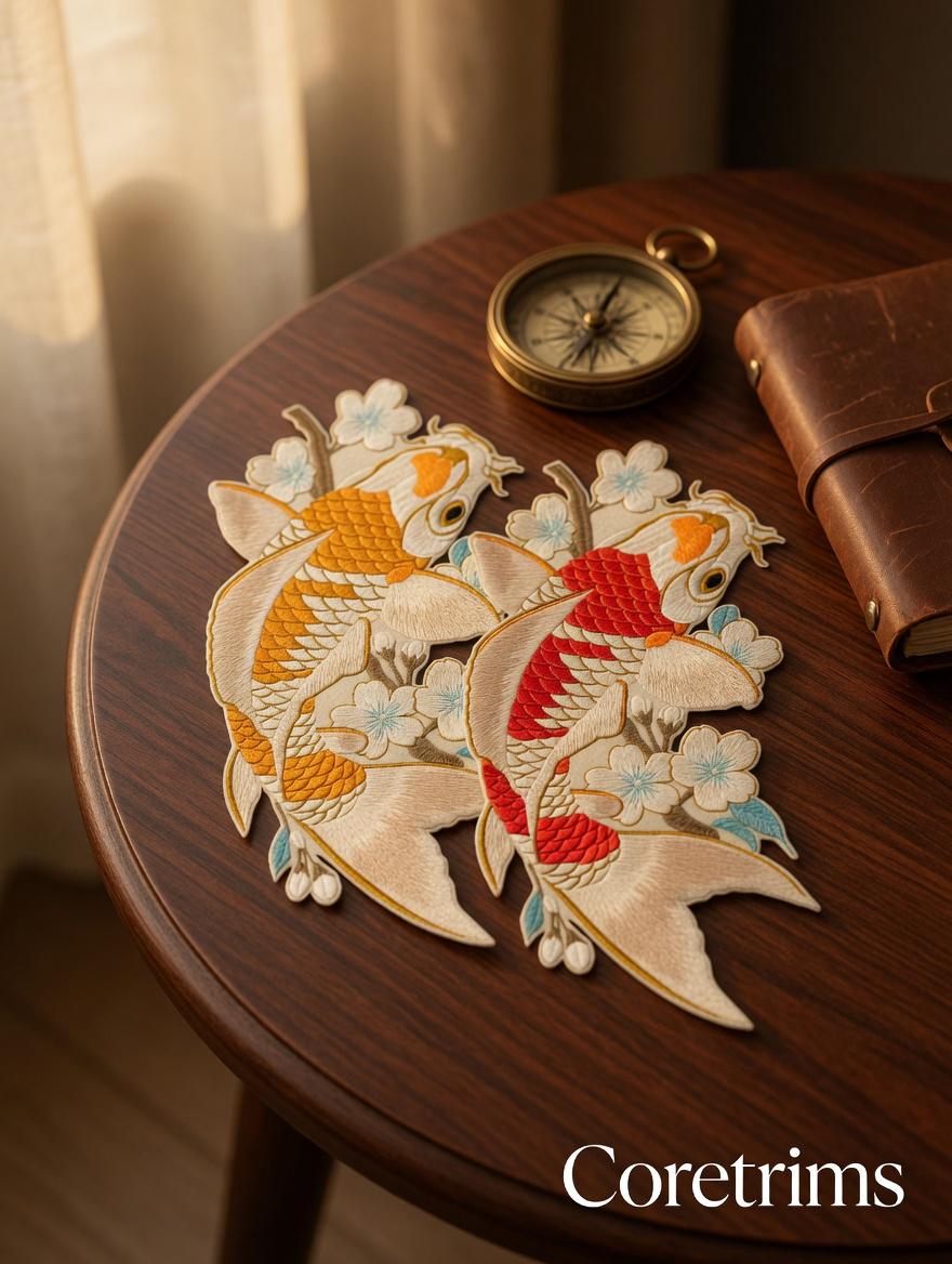 Large Koi Fish Embroidered Patch, Japanese Sakura Iron-On Applique, Red & Gold Koi Carp Sew-On Patch , DIY Embroidery
